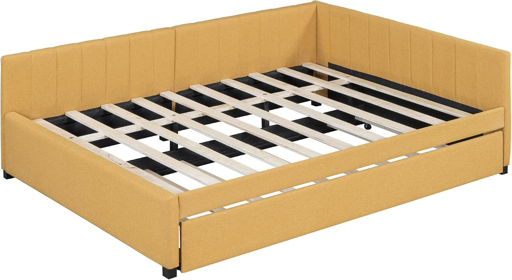 Full Size Upholstered Daybed with Trundle, Yellow Linen Sofa Bed Frame Guest Room, No Box Spring Needed