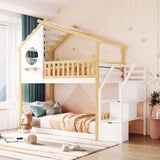 Wood Twin House Bunk Bed with Stairs, Kids Twin Bed Frame with Window and Roof