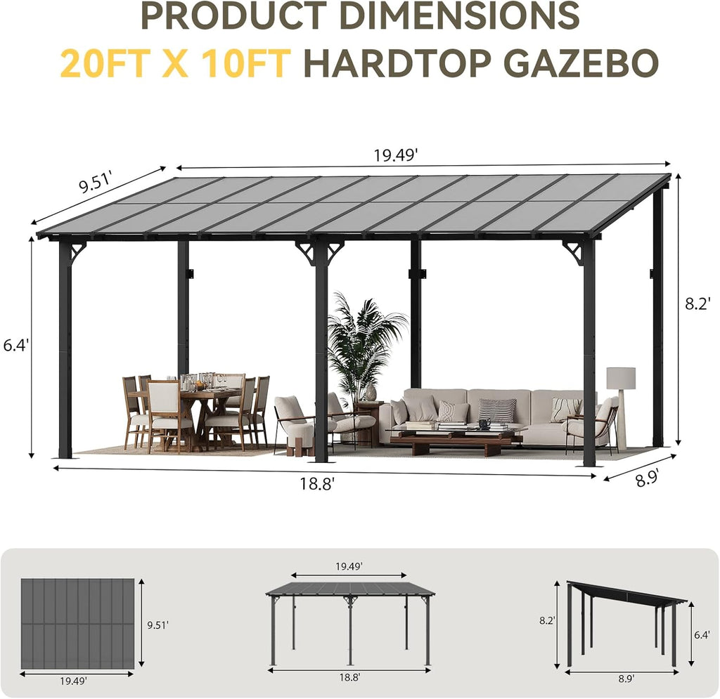 20' x 10' Gazebo Gazebo Pergola with Sloped Roof, Large Wall-Mounted Heavy Duty Awnings (Black)