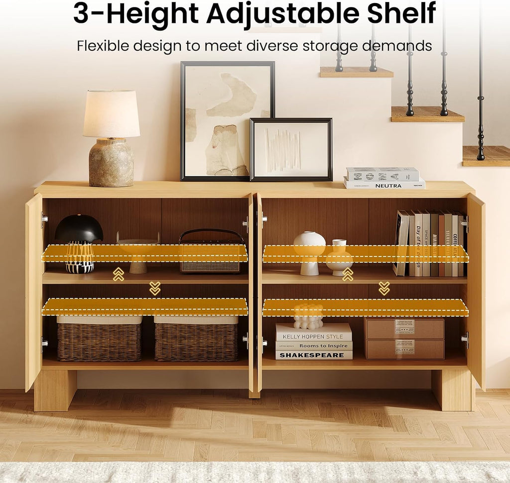 63 Inch Buffet Cabinet with Storage, Wood Credenza Storage Cabinet with 4 Doors, Large Modern Sideboard Buffet with