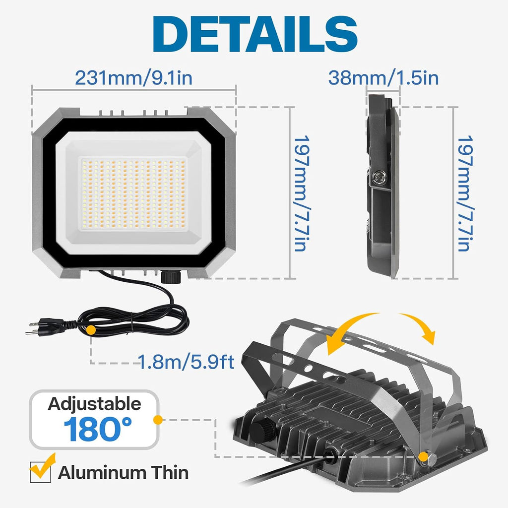 2 Pack 100W LED Flood Lights Outdoor, 3CCT Outside Work Light | 3000/4000/6000K Selectable, 100W 10000LM with 5.9FT
