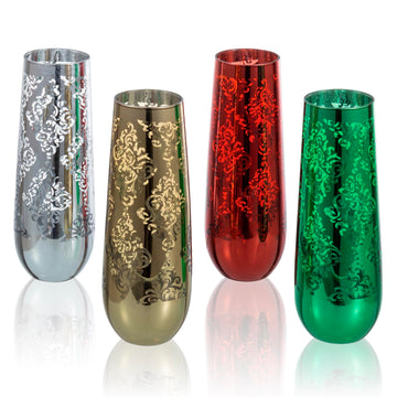 9 oz Modern Christmas Color Champagne Flutes with Baroque Pattern, Holiday Multicolored Toasting Glasses, Sparkling