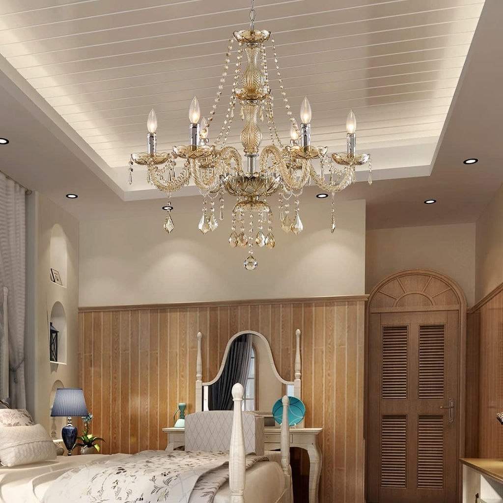 6 Light Chandelier Modern K9 Crystal Chandelier Lighting, Champagne Crystal Ceiling Light Fixture Pendant Lamp for Dining Room Bathroom Bedroom Livingroom