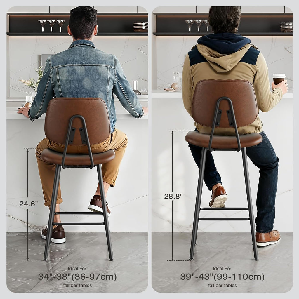 24-Inch Leather Bar Stools Set of 2, Counter Height Barstools with High Backrest，Bar Chairs Island with Heavy Duty