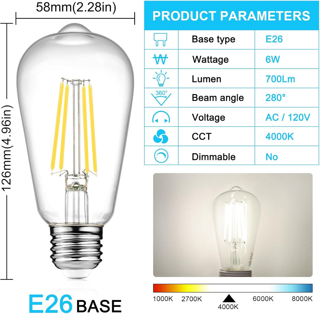 LED Edison Bulbs 6W, Equivalent 60W, High Brightness Cool White 4000K, 700 Lumens, ST58 Vintage LED Filament Bulbs - Set of 4