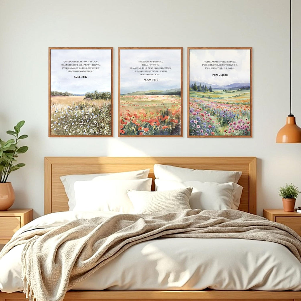 Biblical Verses Floral Framed Canvas Wall Art Set Of 3, Inspirational Wall Decor, Scripture Inspired Landscape