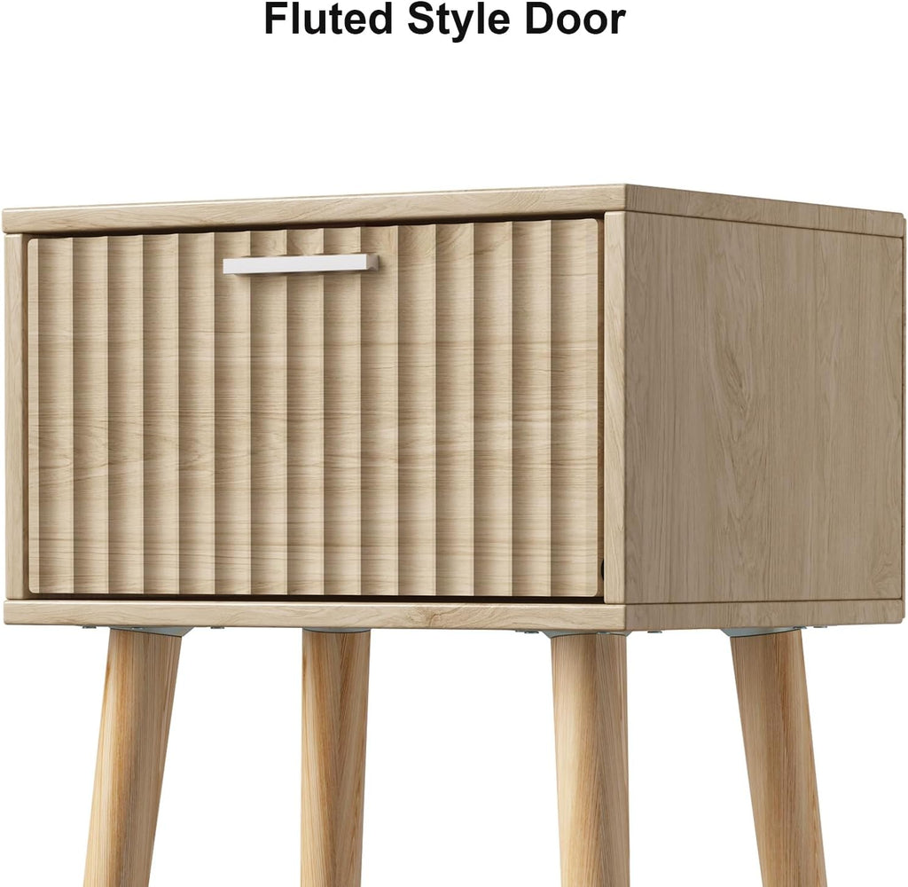 Nightstands Set of 2, Small Side Table, Bedside Table with Fluted Door, Solid Wood Feet; Modern Mid-Century End Table