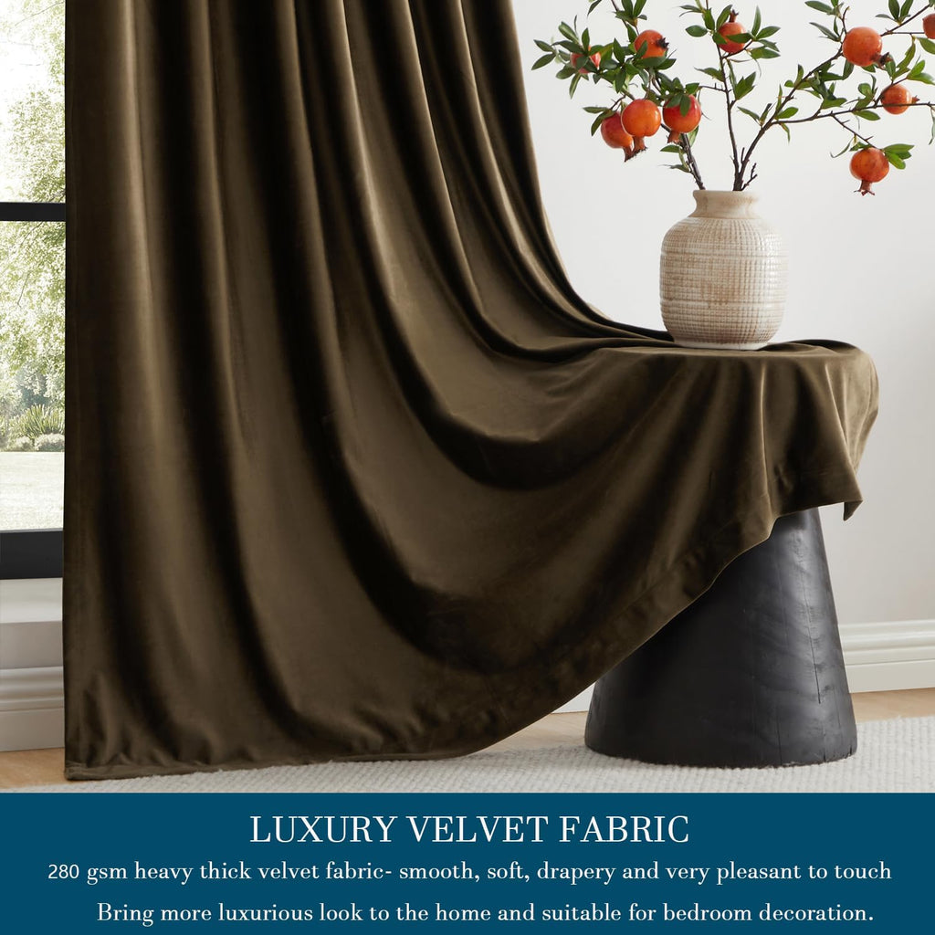 Brown Polyester Velvet Curtains 84 inch Long,Set of 2 Panels Blackout Rod Pocket Back Tab Window Treatment Room