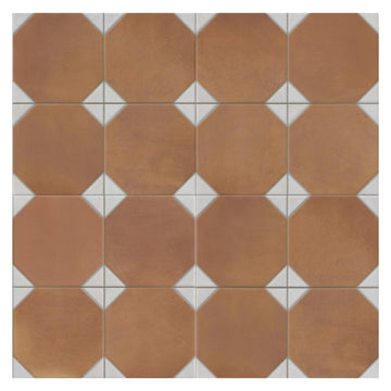 Terracotta Cotto & White Geometric Porcelain Floor and Wall Tile 13" x 13", Matte Vintage Pattern Decorative Tile