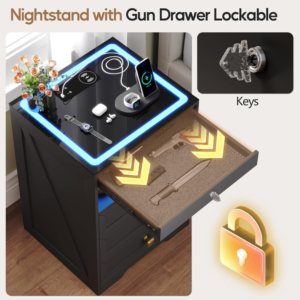 Smart Nightstand with Lockable Gun Drawer,Farmhouse Bedside Table with Charging Station and 3 LED Lights, Modern