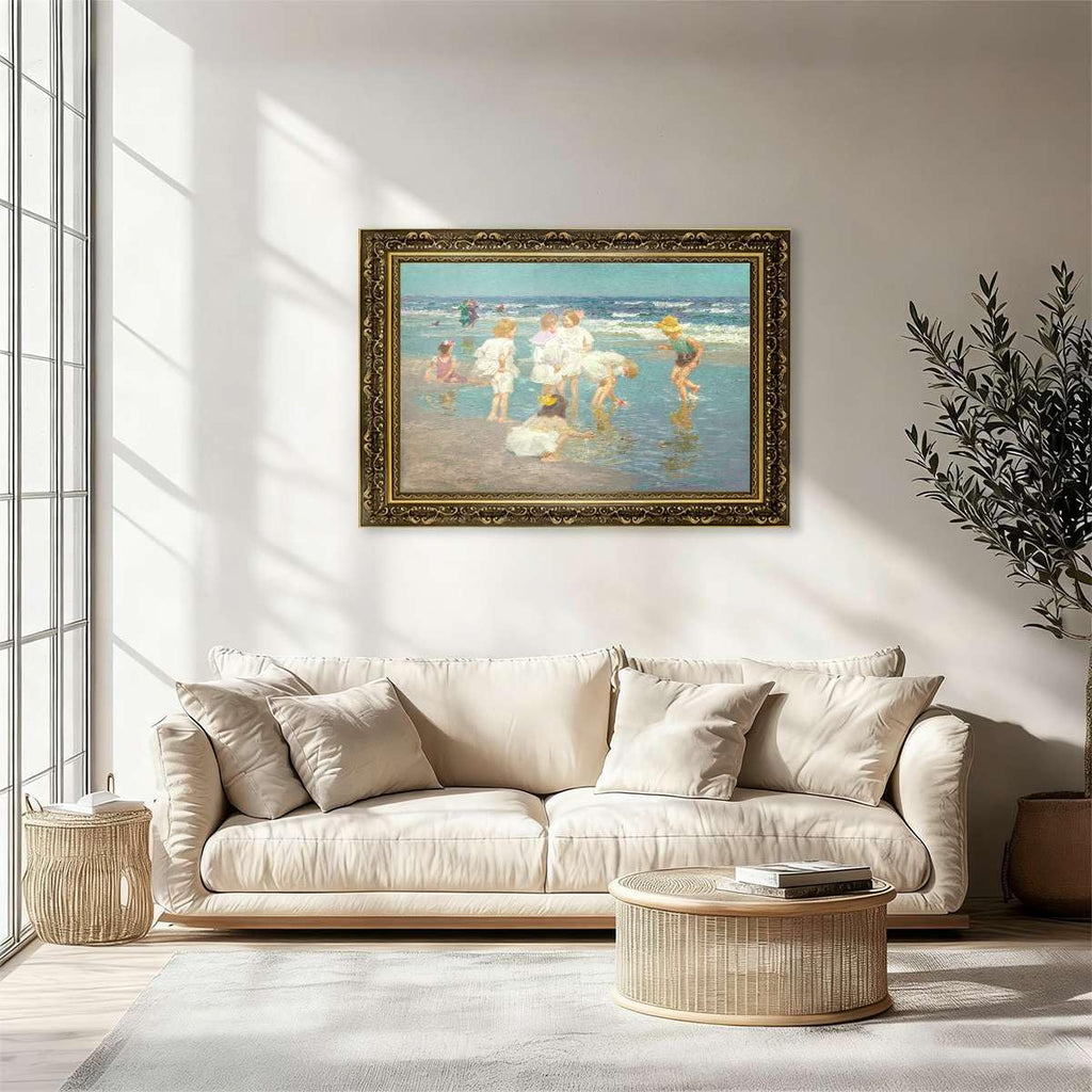 Framed Vintage Wall Art Children Playing at the Beach Poster Canvas Print Oil Paintings Reproduction World Classics