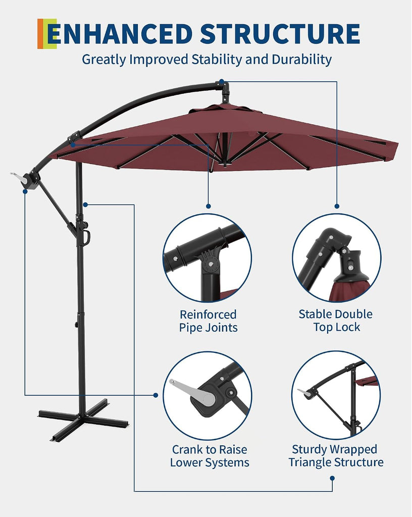 10FT Cantilever Patio Umbrella with Cross Base, Outdoor Offset Market Umbrella with Infinite Tilt and Crank Lift