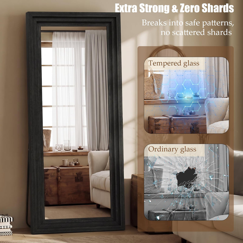 Wood Full Length Mirror 65"x24", Large Solid Wood Frame Floor Mirror