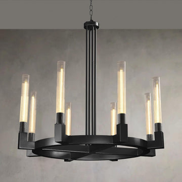 Inspired Cannele Style 36'' Black Wagon Wheel Chandelier with Knurled Glass Shade,8-Lights Modern Copper Farmhouse Chandeliers for High Ceilings,Large Round Chandeliers for Dining Room,Living Room,Bedroom,Foyer,Entryway