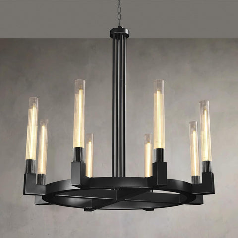 36'' Black Wagon Wheel Chandelier with Knurled Glass Shade,8-Lights Modern Copper Farmhouse Chandeliers for High Ceilings,Large Round Chandeliers for Dining Room,Living Room,Bedroom,Foyer,Entryway A114-B0DMSKPH25