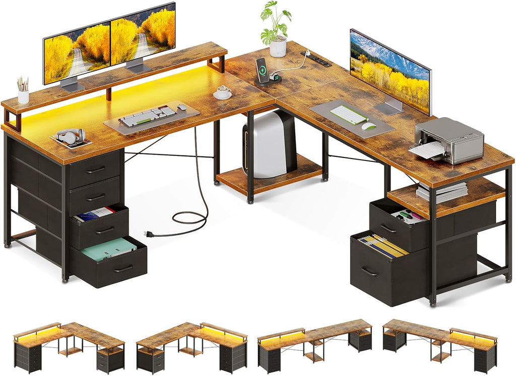 66" L Shaped Computer Desk, 113“ Reversible Home Office Desk with File Cabinet & 4 Fabric Drawers