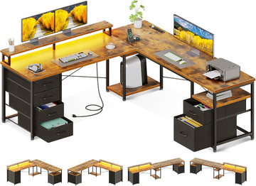 66" L Shaped Computer Desk, 113“ Reversible Home Office Desk with File Cabinet & 4 Fabric Drawers