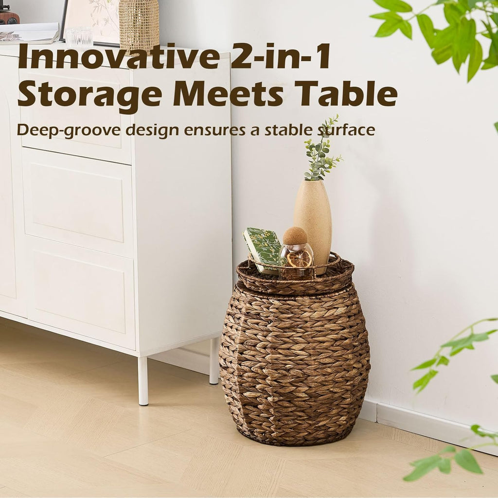 Round Wicker Basket with Lid, Handwoven Water Hyacinth Storage Basket, Blanket Organizer Basket for Laundry