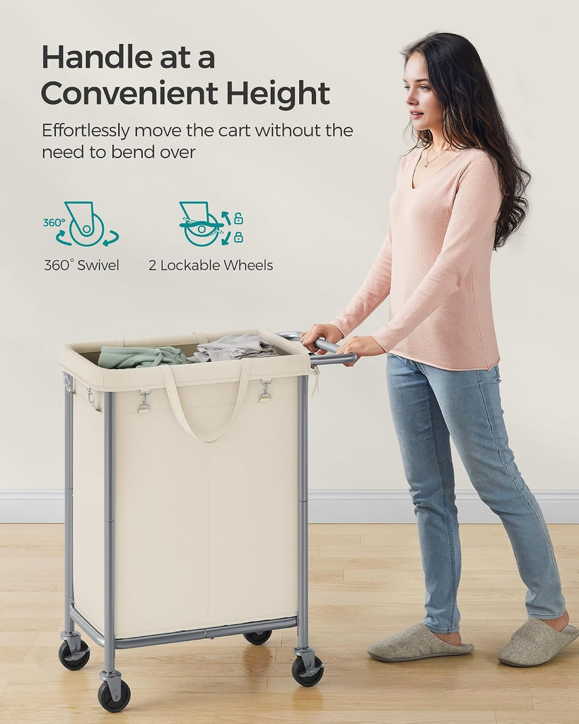 Laundry Basket with Wheels, 2-Section Rolling Laundry Hamper, 37 Gallons (140 L), Removable Liner, Steel Frame with