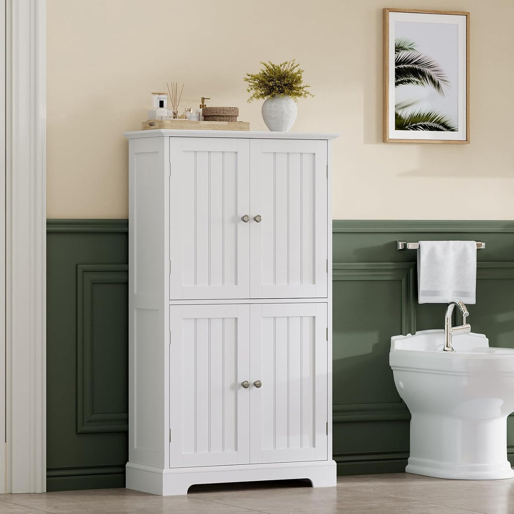 Bathroom Floor Cabinet with Adjustable Shelves | Bathroom Storage Cabinet, 4 Doors, Freestanding Cupboard , White