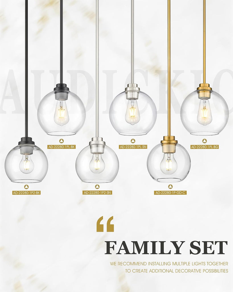 Brass Pendant Lights Kitchen Island 2 Pack, Farmhouse Gold Pendant Light with Clear Glass Globe Shade, Kitchen Island