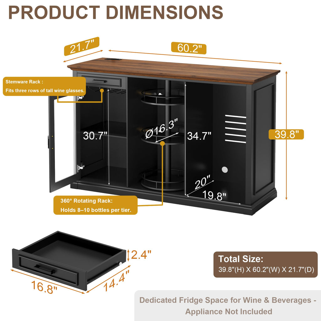 60.2-Inch Home Bar Cabinet with Fridge Space, Amber LED, Black/Walnut