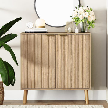Fluted Storage Cabinet, Free Standing Buffet, Wood Sideboard, Multifunctional Accent Storage (1, Oak)