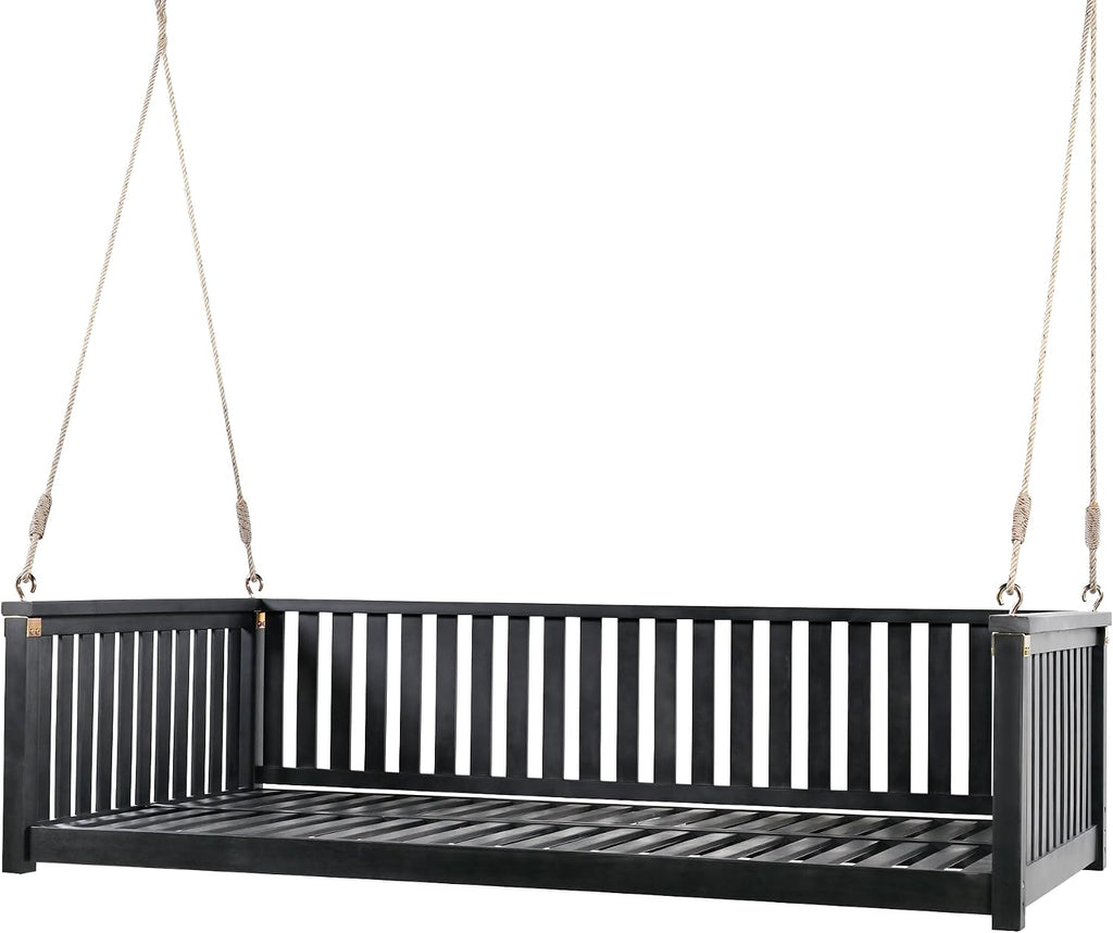 Black Wooden Porch Swing Bed with Safety Rails, 3-Seater Hanging Daybed Swing with Ropes, Outdoor Patio Bench Swing