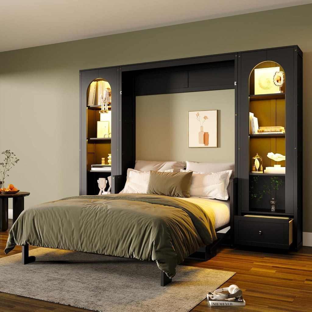 Queen Murphy Bed with Desk and Storage Bookcase & LED Light, Solid Wood Murphy Wall Bed with Storage Shelves and Drawers for Adults Bedroom Office (Queen,Black W/LED)