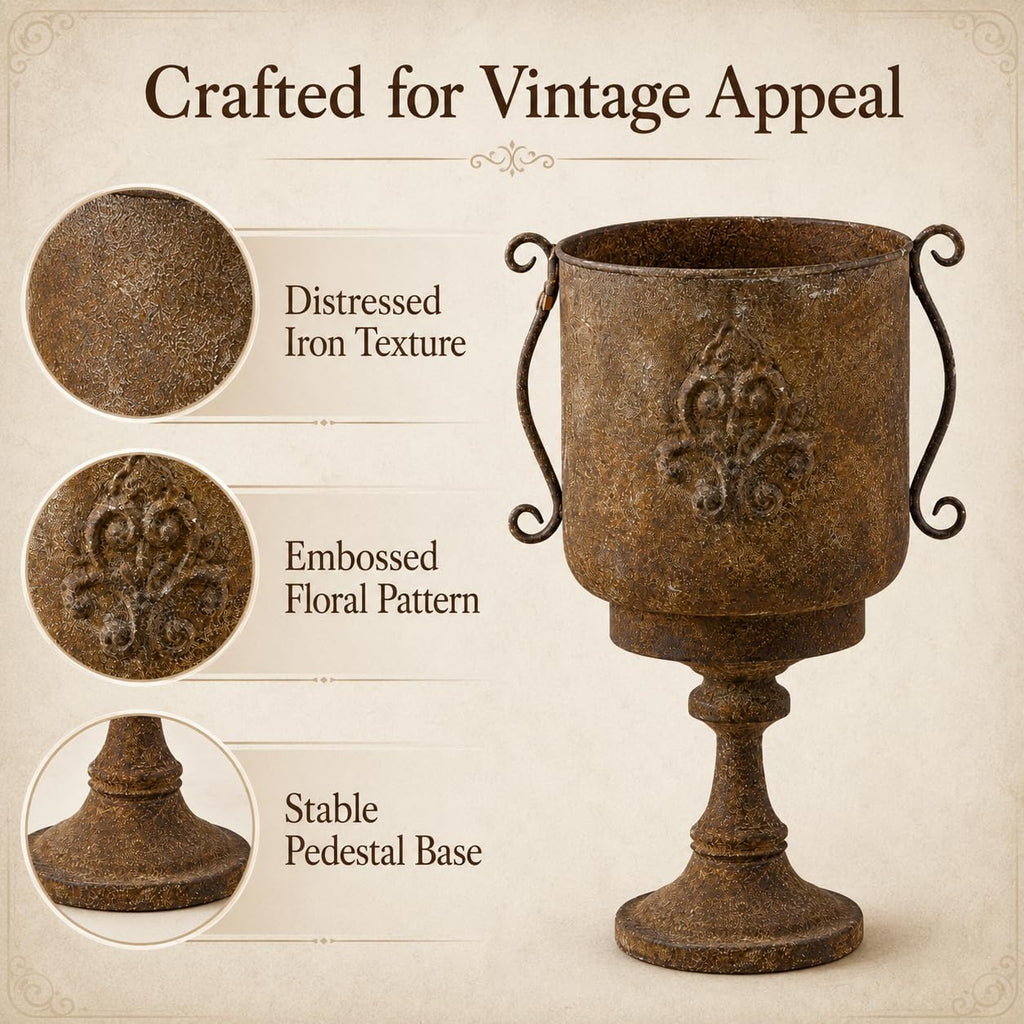 Vintage Tall Urn Planter with Embossed Pattern & Handles, 26 Inch Distressed Rust Iron Decorative Pot, Rustic