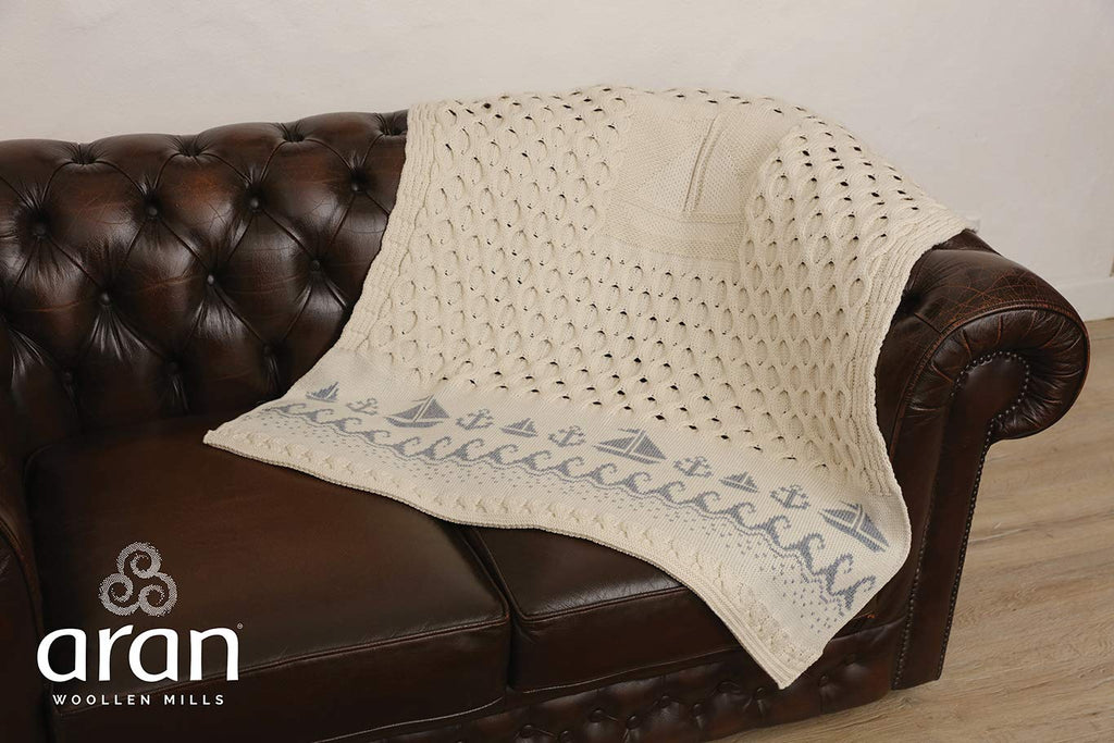 Woollen Mills Irish Blanket 100% Throw Honeycomb Knit Couch Sofa Made in Ireland 42" x 62" Natural