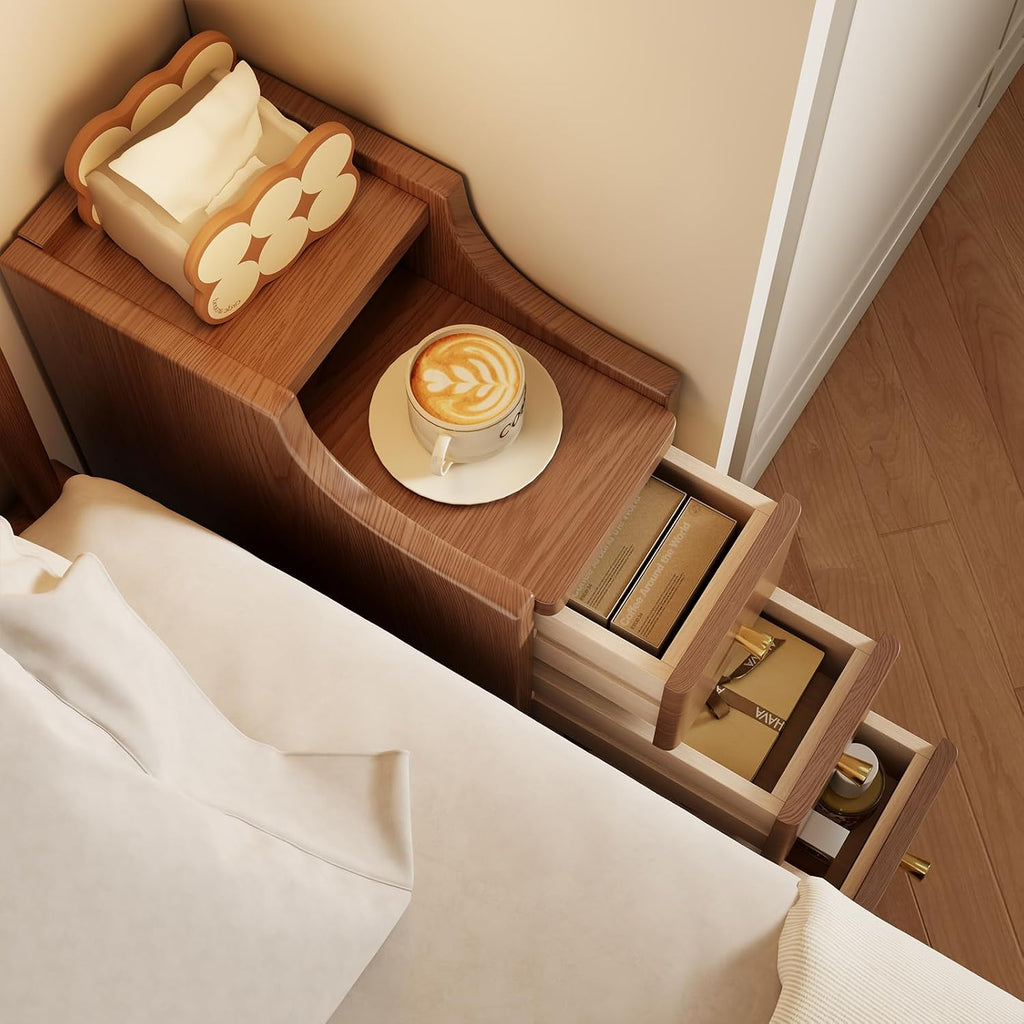 Solid Wood Narrow Nightstand with Drawers,Walnut Nightstand Wood Bedside Table Modern ,Study,Toilet
