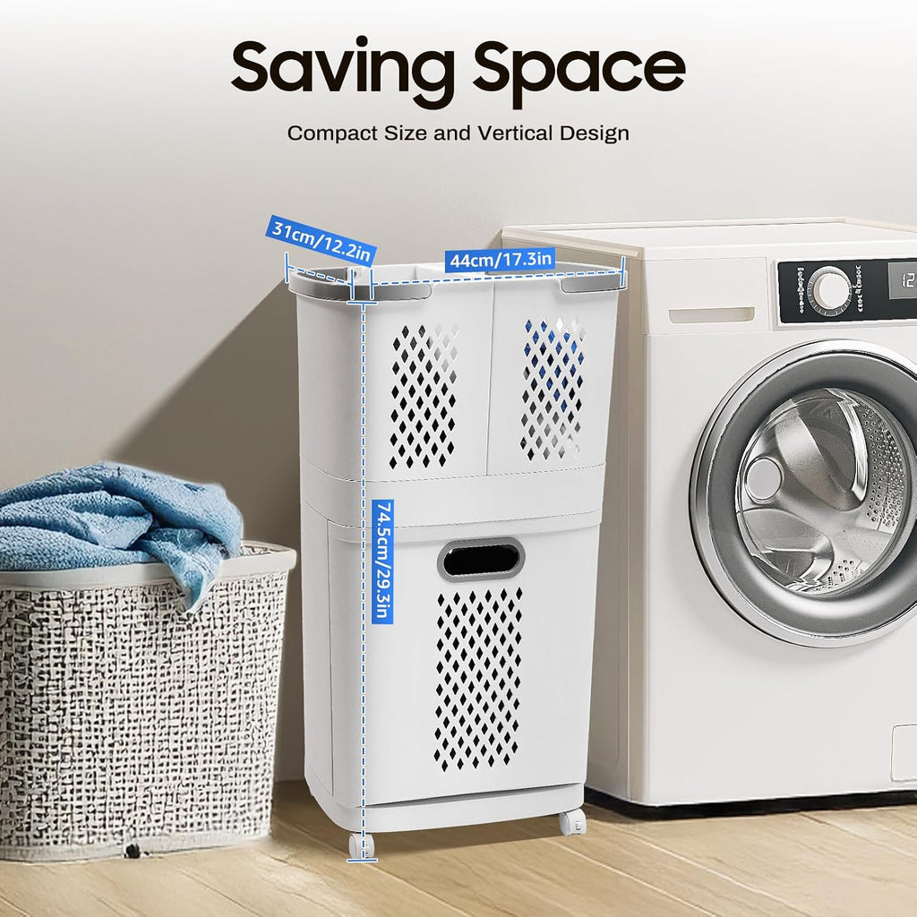 2 Tier Laundry Basket with Wheels & Handle, White Laundry Hamper Plastic 2 Section Laundry Sorter Floor-Standing