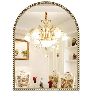 Beaded Arched Mirror for Wall, 30"x40" Gold Arch Brass Bathroom Mirrors, Champagne Bronze Vintage Tempered Glass