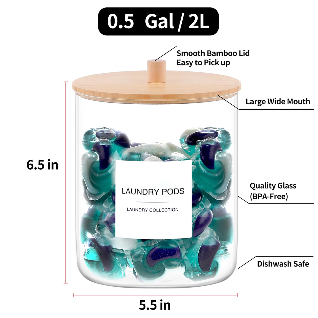 Glass Jars for Laundry Room Organization, Laundry Pods Container with 27 Labels, Detergent Holder with Bamboo Lid