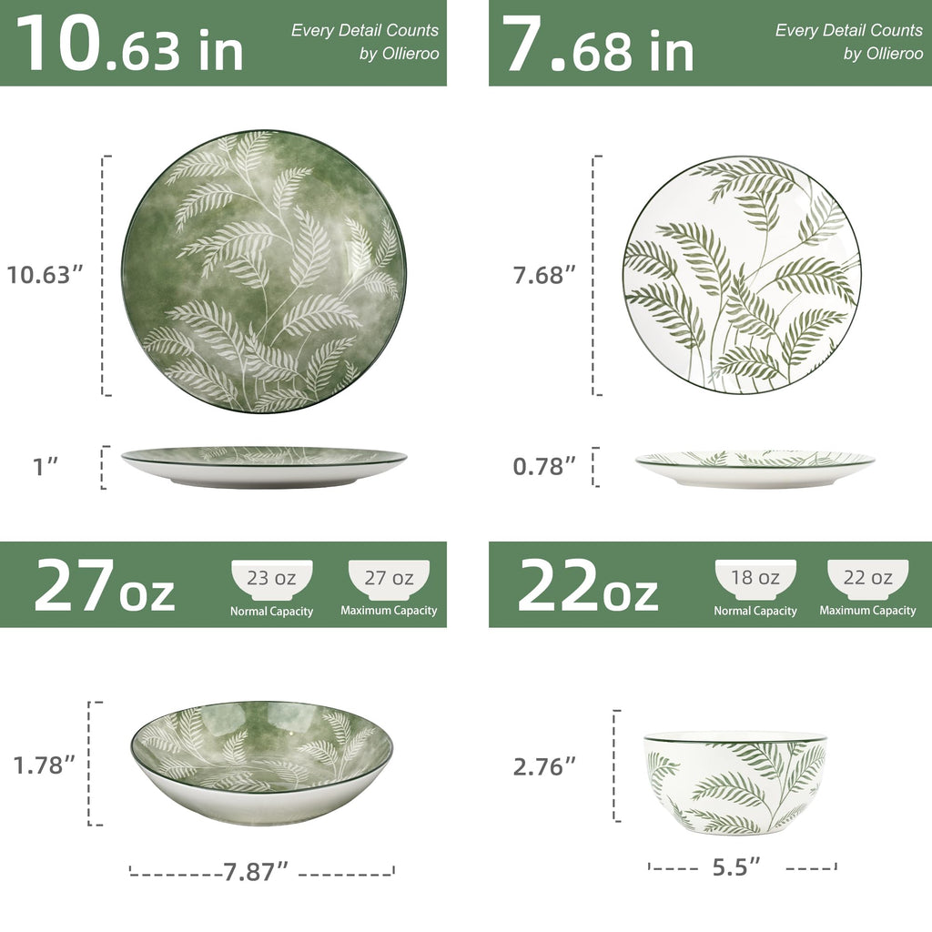 16 Pcs Porcelain Green Dishes dinnerware set for 4 With Pasta bowl