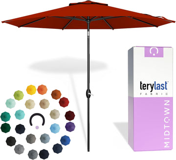 10-Year-No-Fade 9 Ft Patio Umbrella with Terylast Fabric, Auto-Tilt Aluminum Frame and 8 Reinforced Ribs Pool - Apple