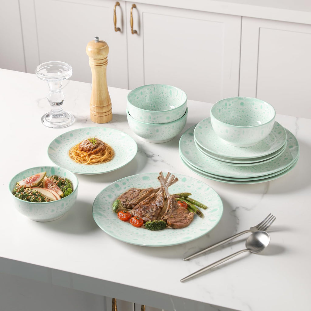 12 Pcs Speckled Glaze Ceramic Dinnerware Set for 4, Mint Green