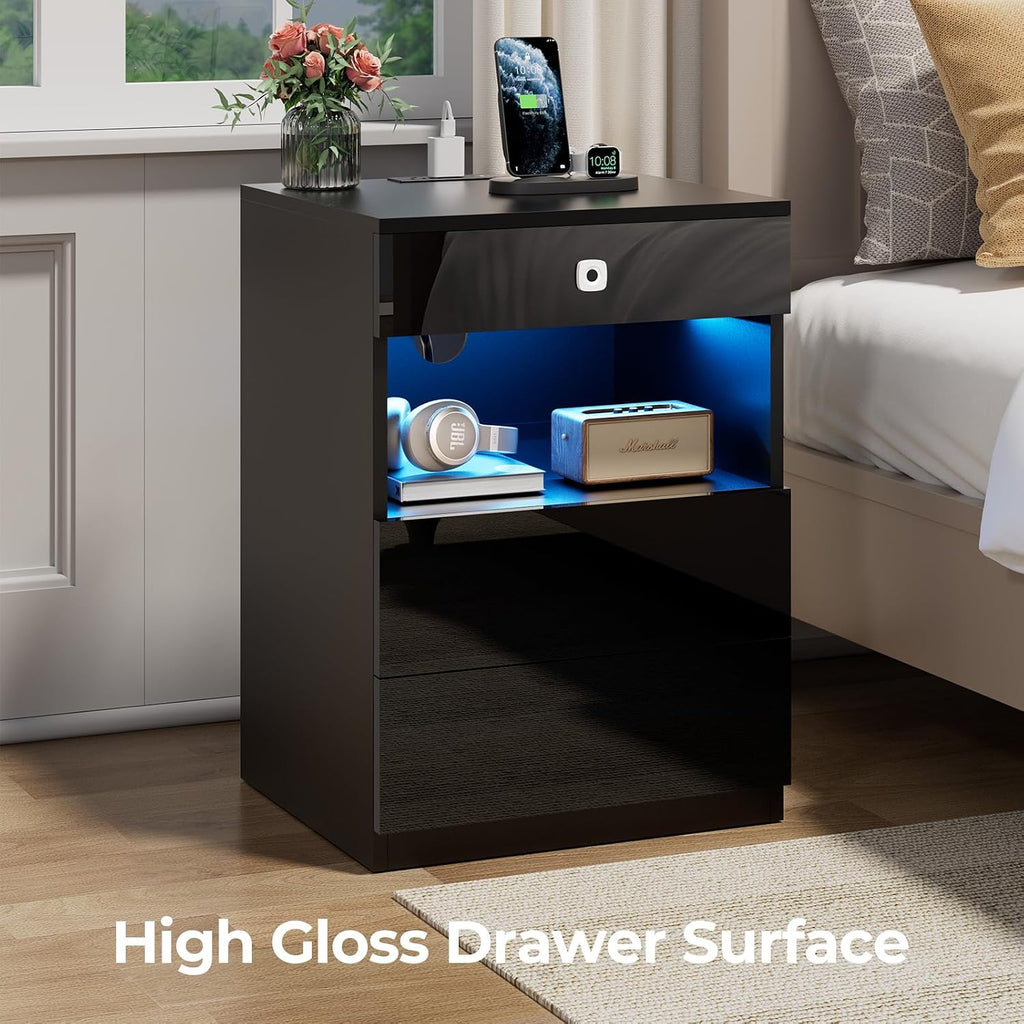 Smart Nightstand with Fingerprint Lock Drawer, Modern LED Nightstand with Charging Station, Bedside Table with Hidden