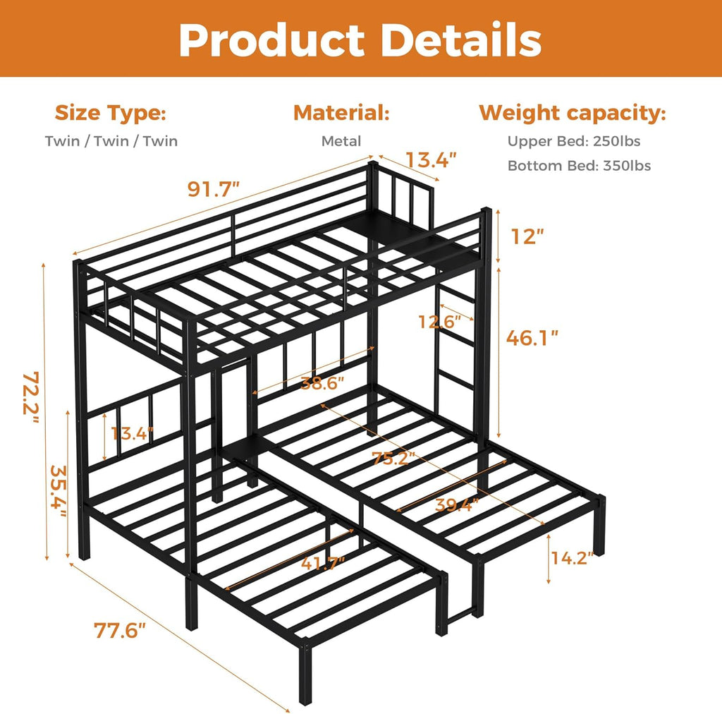 Heavy Duty Triple Bunk Bed for Kids, Twin Over Twin Over Twin Bunk Bed, Metal 3 Bed Bunk Beds for Teens and Adults