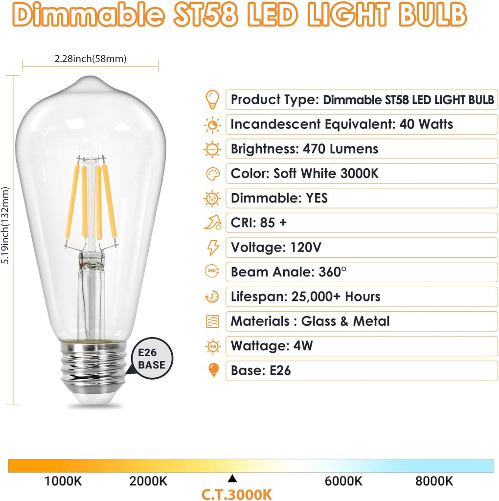 Vintage LED Edison Bulbs, ST58 Dimmable 4W E26 LED Bulb 40W Equivalent, 3000K Soft White Led Light Bulbs, Antique LED - Set of 6