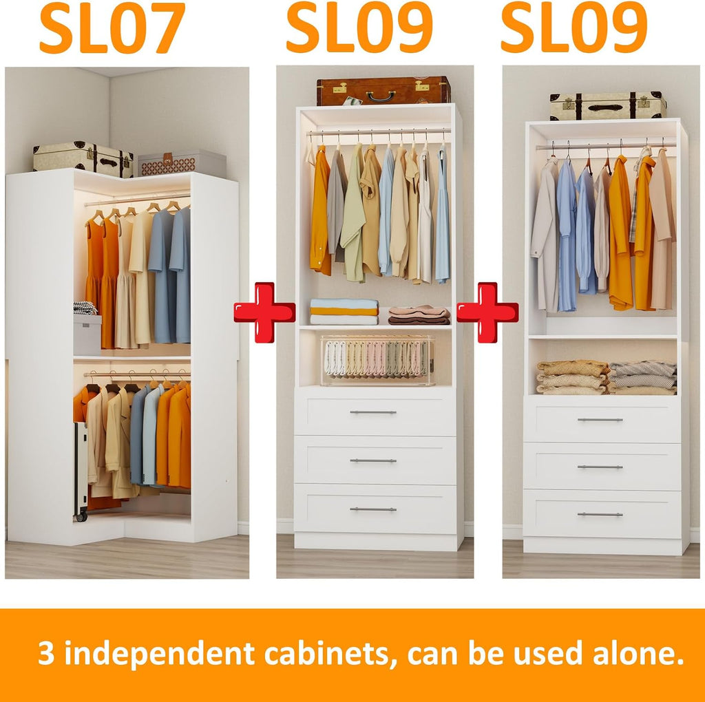 Closet System with 3 Wooden Drawers, 4.5-6FT Corner Closet Organizer System for Walk in Closet, Heavy Duty Modular