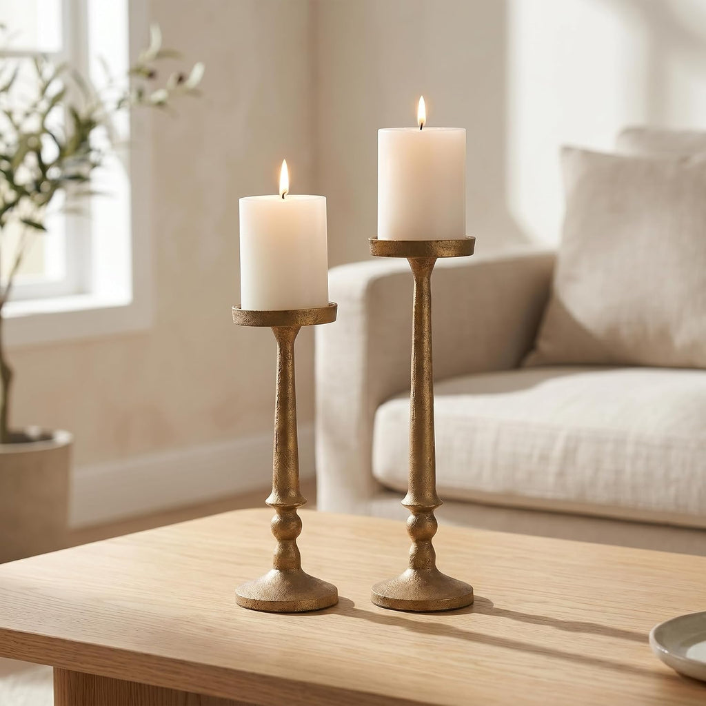 Vintage Iron Pillar Candle Holders Set of 2 12.2" & 10" Tall Candleholders - Rustic Brass Candle Stands - Dining
