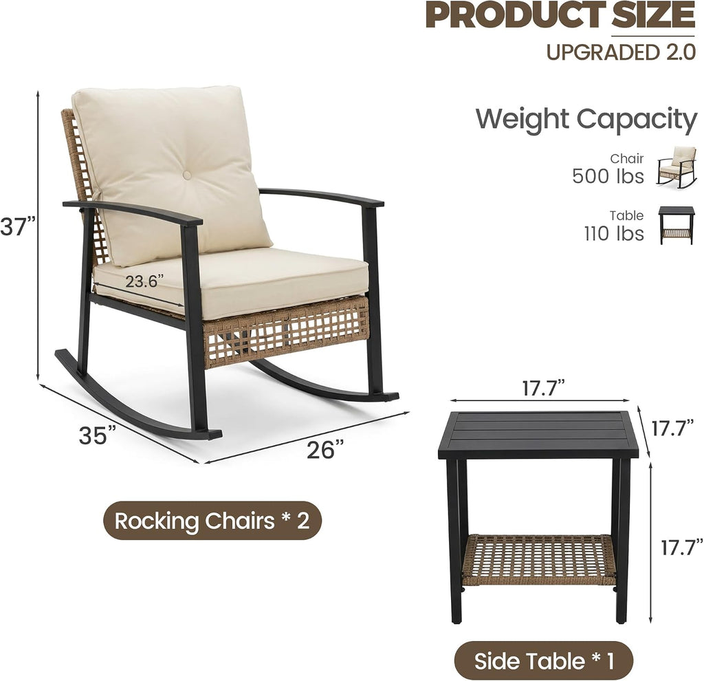 3-Piece Patio Rocking Chairs Set of 2, Rocking Chair Bistro Set [Upgraded 2.0] & 2-Tier Coffee Table, Wicker Rocking