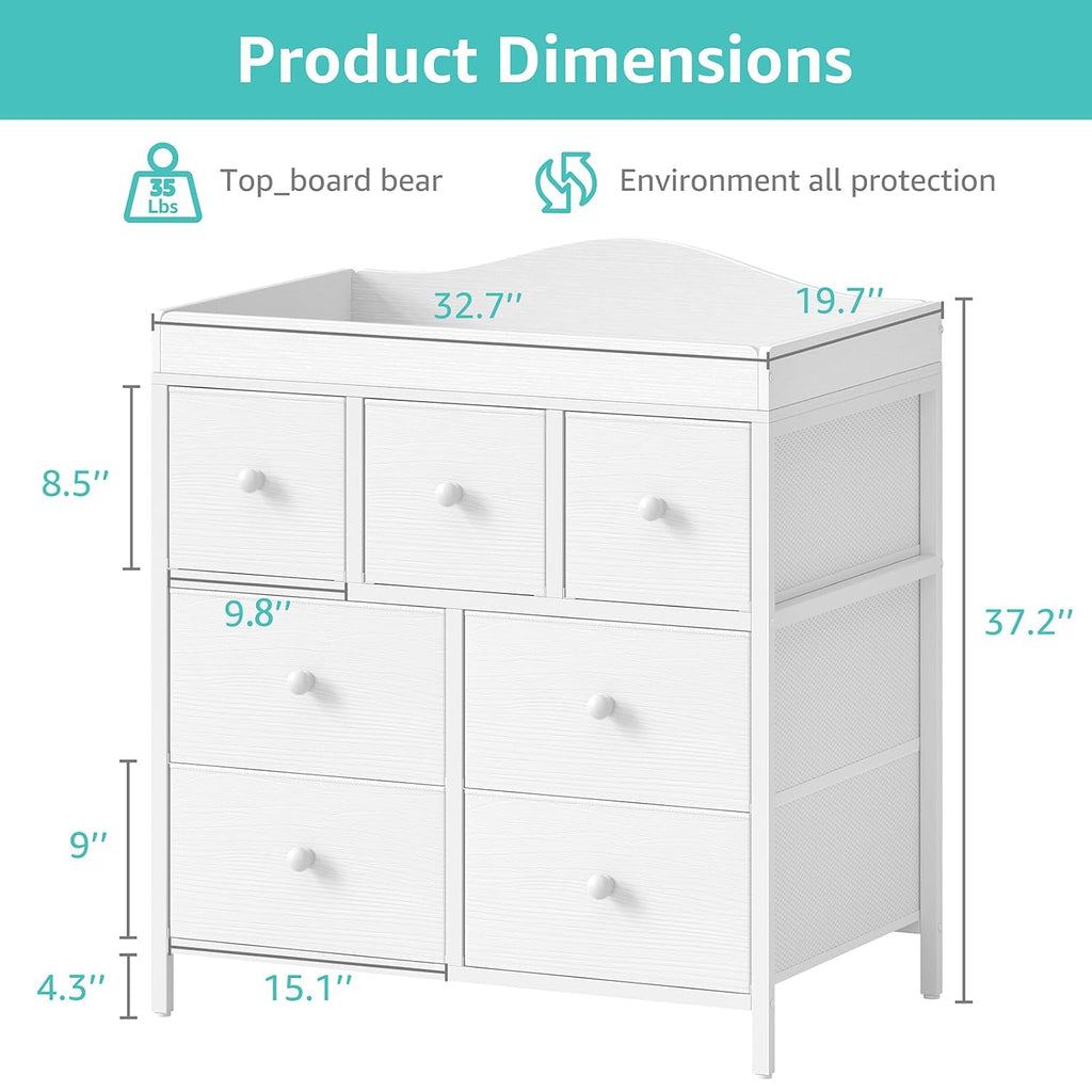 Changing Table Dresser with Storage, Baby Dresser with Changing Table Top Diaper Changing Station with 7 Fabric