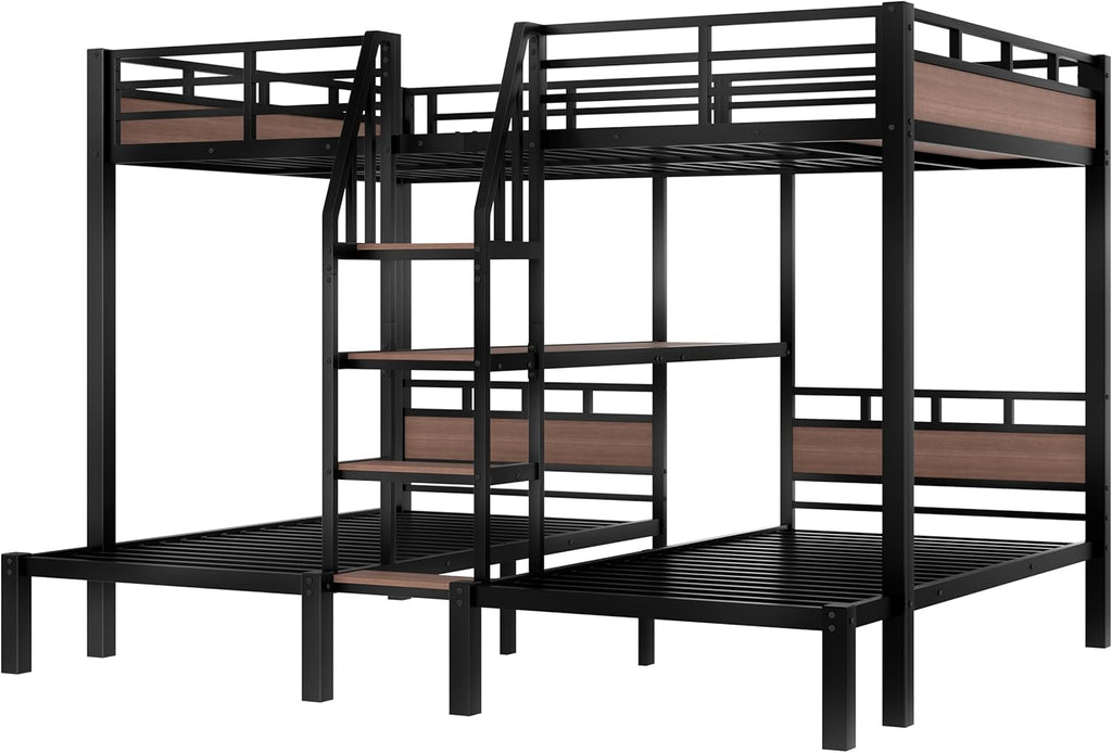 Queen Over Twin Over Twin Bunk Bed with Shelf and Stairs, Heavy Duty Triple Bunk Beds with Safety Guardrails