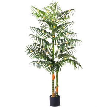 6FT Artificial Palm Tree Tall Plant with Planter & Moss, Realistic 2-Trunk Artificial Tree with Lights, Lifelike