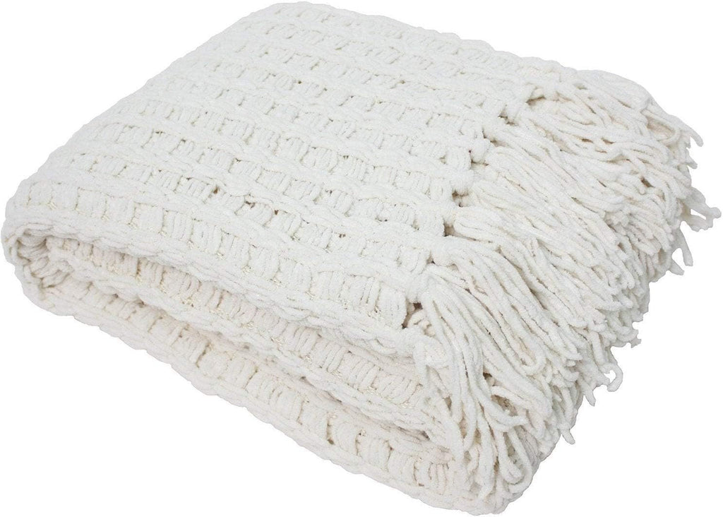 Chenille Luxury Thick Woven Throw with Fringe, 50x60, Cream