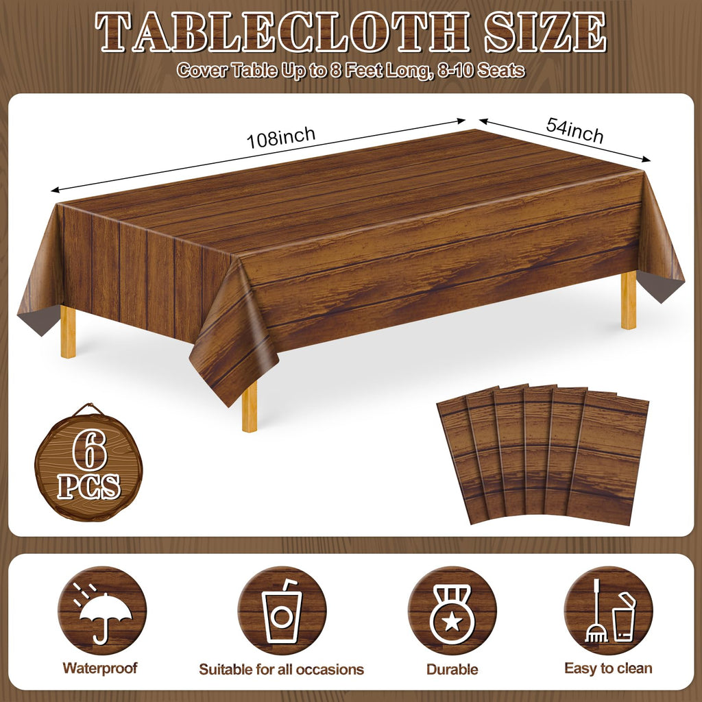 6 Pack Wood Grain Plastic Tablecloths, Rustic Wood Table Covers