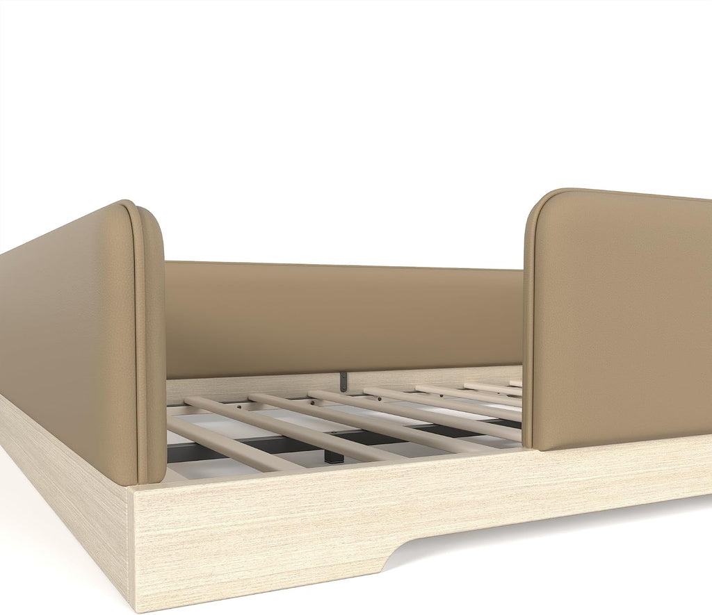 Kids Upholstered Low Bed Frame with Removable Guardrails, Montessori Floor Bed & Kids Daybed for Boys Girls, Queen